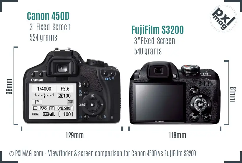 Canon 450D vs FujiFilm S3200 Screen and Viewfinder comparison