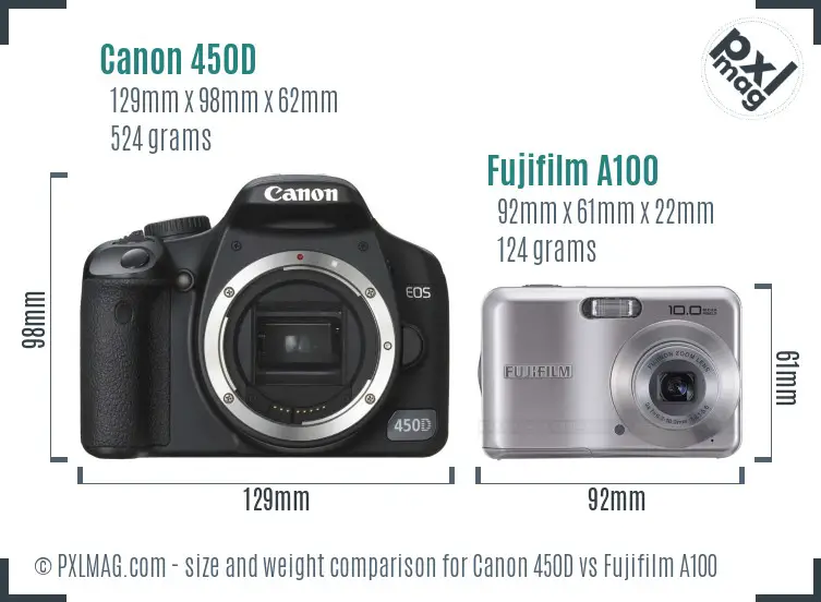 Canon 450D vs Fujifilm A100 size comparison