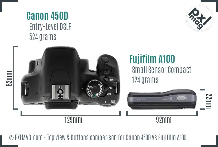 Canon 450D vs Fujifilm A100 top view buttons comparison