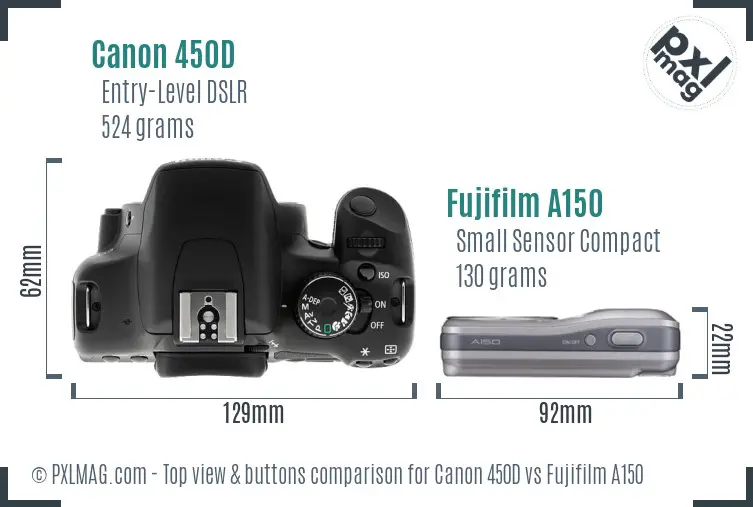 Canon 450D vs Fujifilm A150 top view buttons comparison