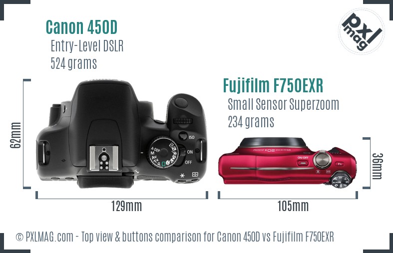 Canon 450D vs Fujifilm F750EXR top view buttons comparison