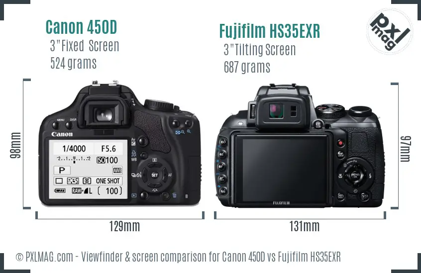 Canon 450D vs Fujifilm HS35EXR Screen and Viewfinder comparison