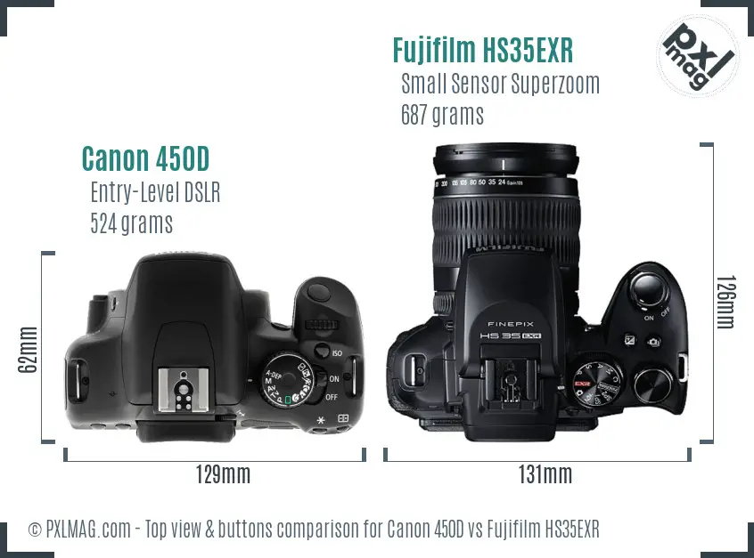 Canon 450D vs Fujifilm HS35EXR top view buttons comparison