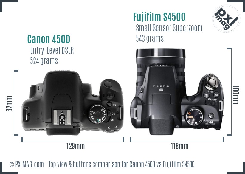 Canon 450D vs Fujifilm S4500 top view buttons comparison