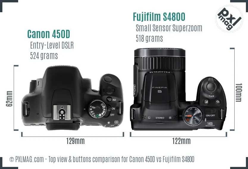 Canon 450D vs Fujifilm S4800 top view buttons comparison Canon 450D vs Fujifilm S4800 top view buttons comparison
