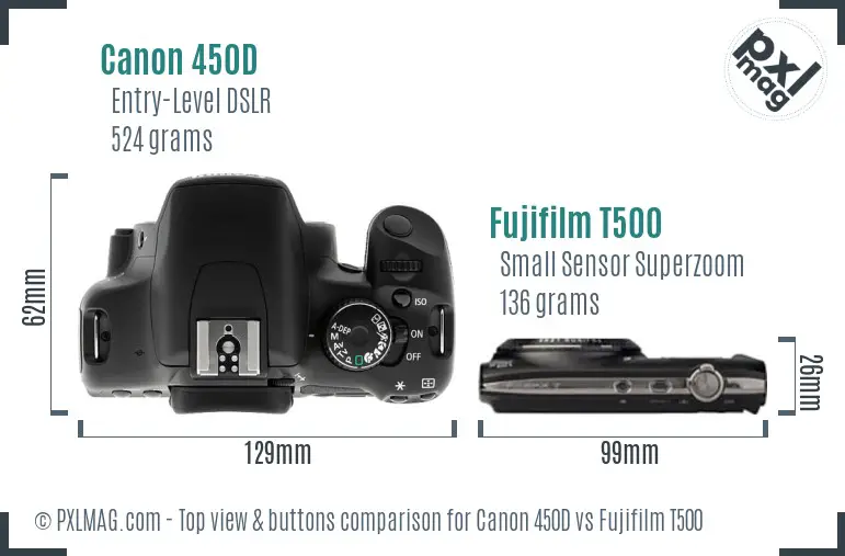 Canon 450D vs Fujifilm T500 top view buttons comparison