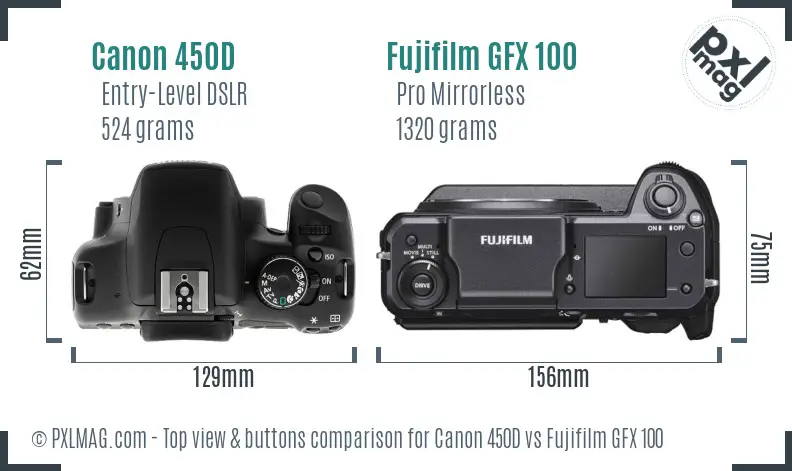 Canon 450D vs Fujifilm GFX 100 top view buttons comparison