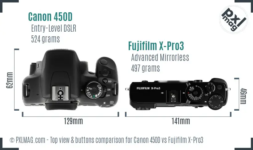 Canon 450D vs Fujifilm X-Pro3 top view buttons comparison