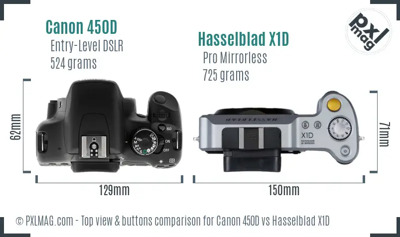 Canon 450D vs Hasselblad X1D top view buttons comparison