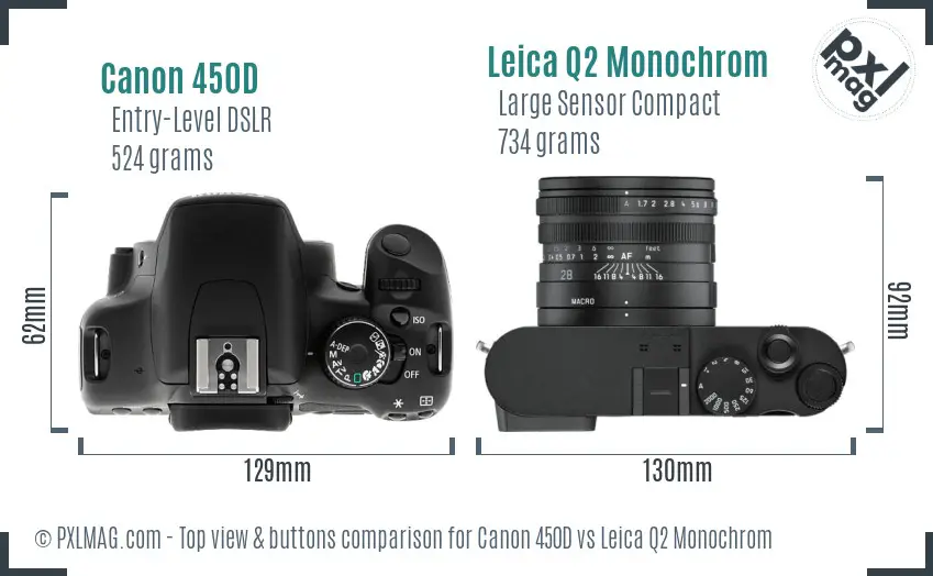 Canon 450D vs Leica Q2 Monochrom top view buttons comparison