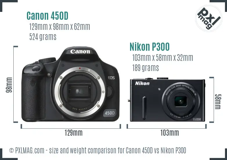 Canon 450D vs Nikon P300 size comparison