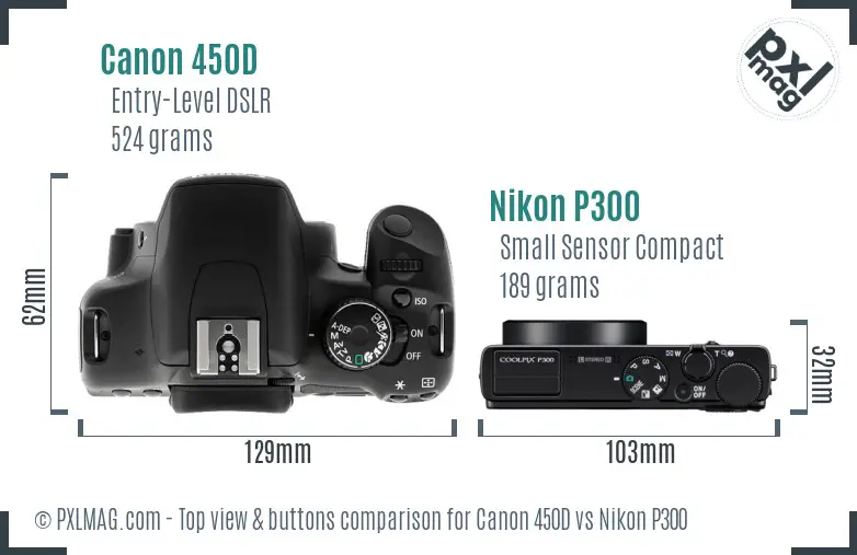 Canon 450D vs Nikon P300 top view buttons comparison