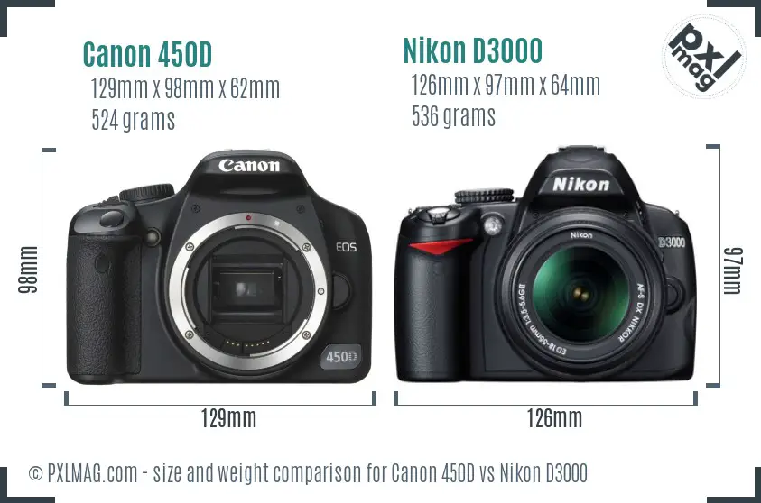 Canon 450D vs Nikon D3000 size comparison