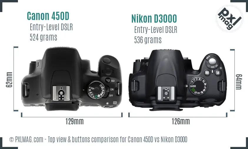 Canon 450D vs Nikon D3000 top view buttons comparison