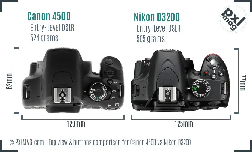 Canon 450D vs Nikon D3200 top view buttons comparison