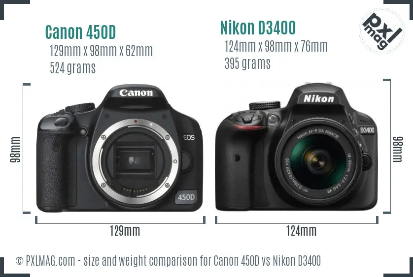 Canon 450D vs Nikon D3400 size comparison