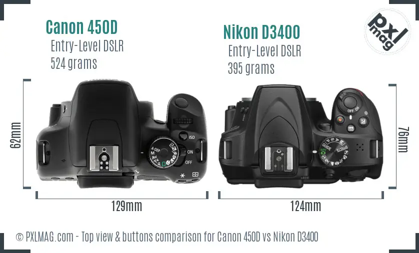 Canon 450D vs Nikon D3400 top view buttons comparison