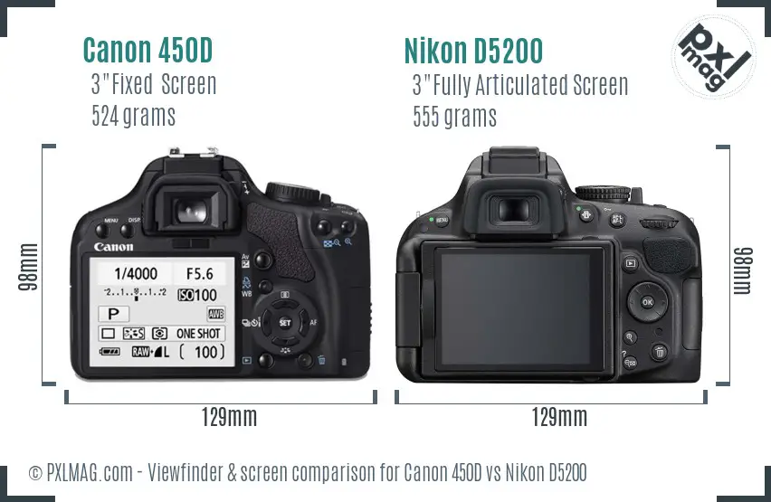 Canon 450D vs Nikon D5200 Screen and Viewfinder comparison