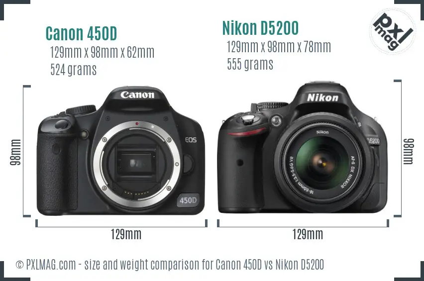 Canon 450D vs Nikon D5200 size comparison