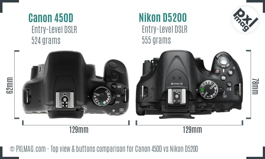 Canon 450D vs Nikon D5200 top view buttons comparison