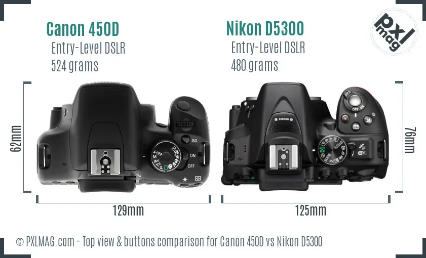 Canon 450D vs Nikon D5300 top view buttons comparison