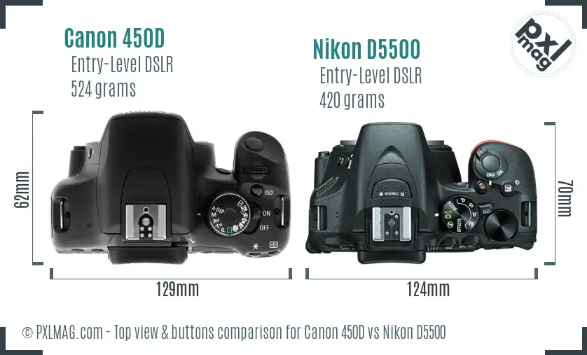 Canon 450D vs Nikon D5500 top view buttons comparison
