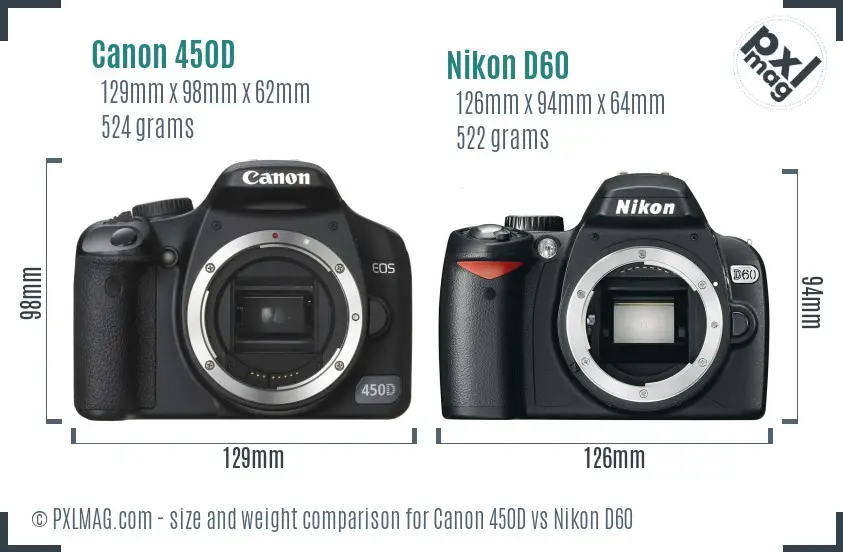 Canon 450D vs Nikon D60 size comparison