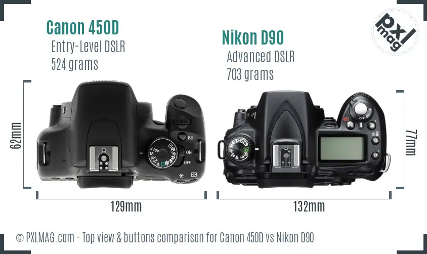 Canon 450D vs Nikon D90 top view buttons comparison Canon 450D vs Nikon D90 top view buttons comparison