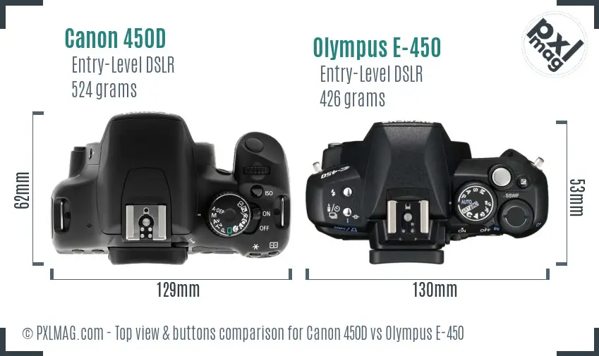 Canon 450D vs Olympus E-450 top view buttons comparison