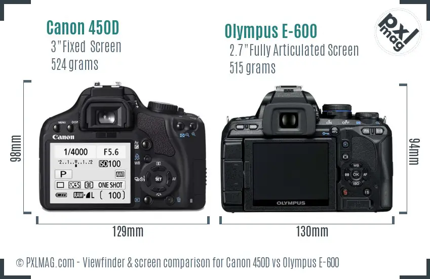 Canon 450D vs Olympus E-600 Screen and Viewfinder comparison