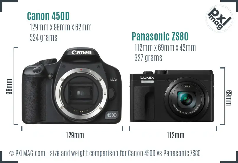 Canon 450D vs Panasonic ZS80 size comparison