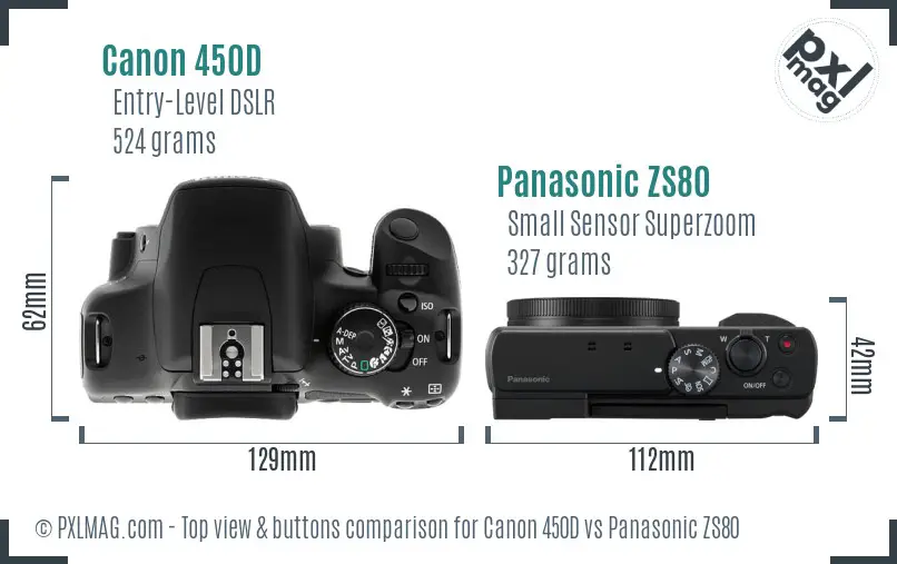 Canon 450D vs Panasonic ZS80 top view buttons comparison