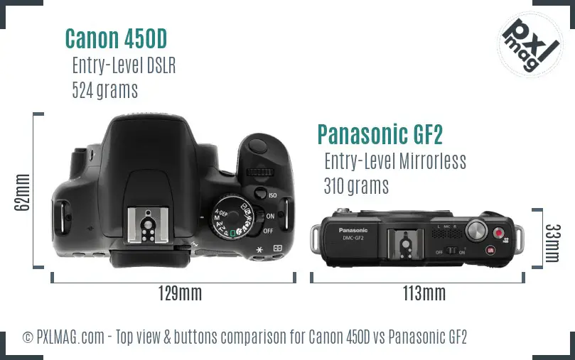 Canon 450D vs Panasonic GF2 top view buttons comparison