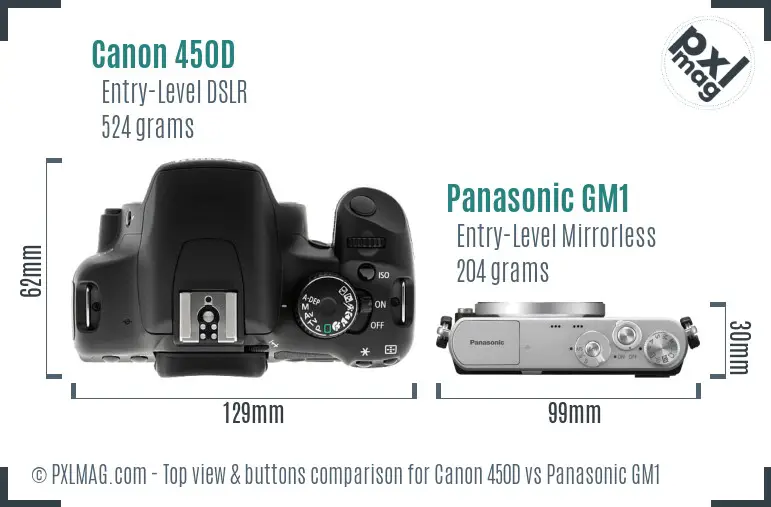 Canon 450D vs Panasonic GM1 top view buttons comparison