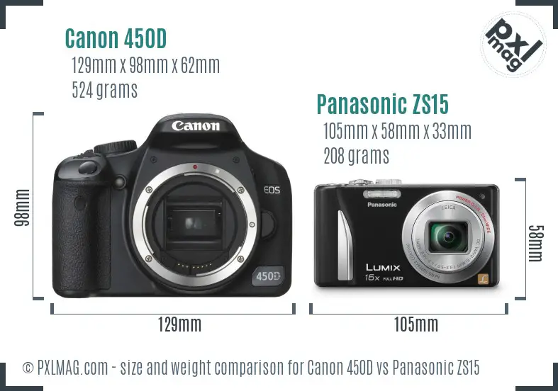 Canon 450D vs Panasonic ZS15 size comparison