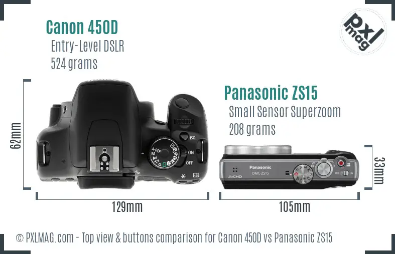 Canon 450D vs Panasonic ZS15 top view buttons comparison