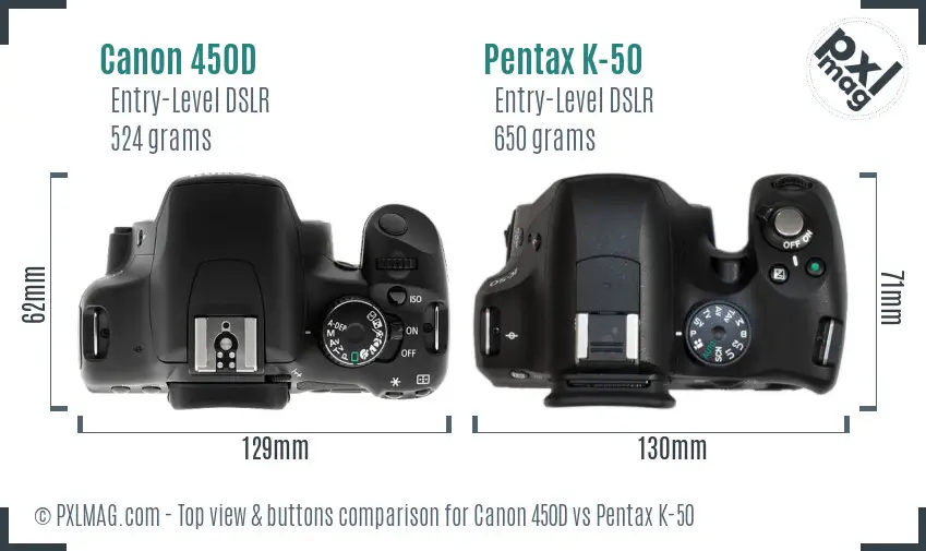 Canon 450D vs Pentax K-50 top view buttons comparison