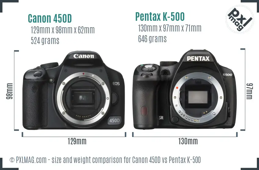 Canon 450D vs Pentax K-500 size comparison