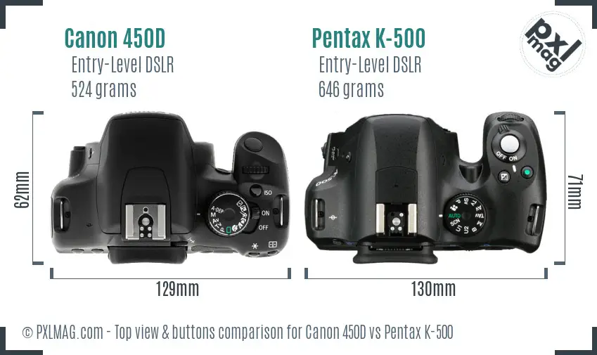 Canon 450D vs Pentax K-500 top view buttons comparison