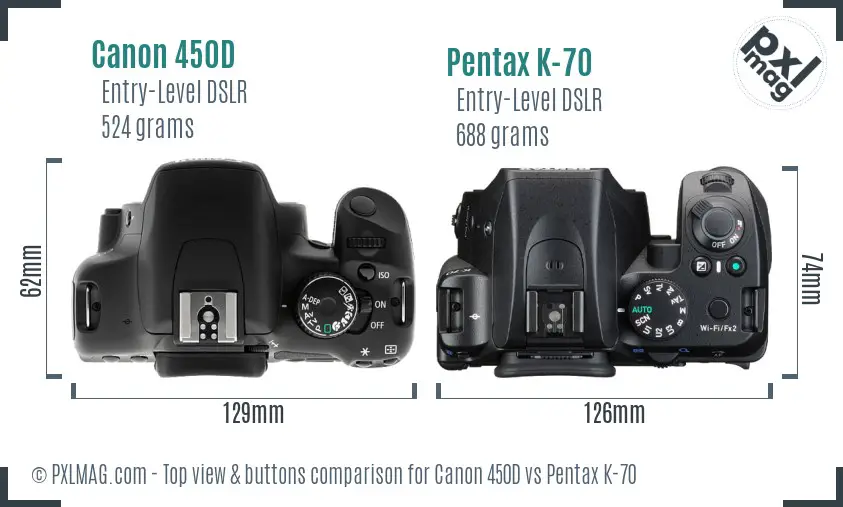 Canon 450D vs Pentax K-70 top view buttons comparison