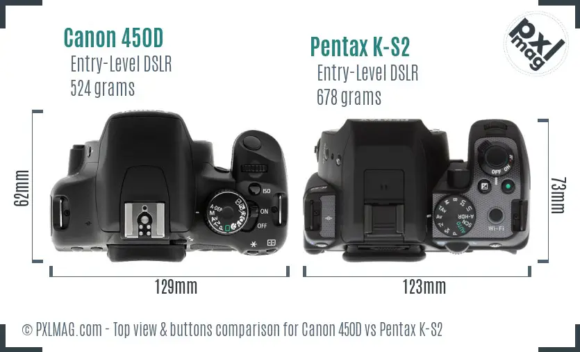 Canon 450D vs Pentax K-S2 top view buttons comparison