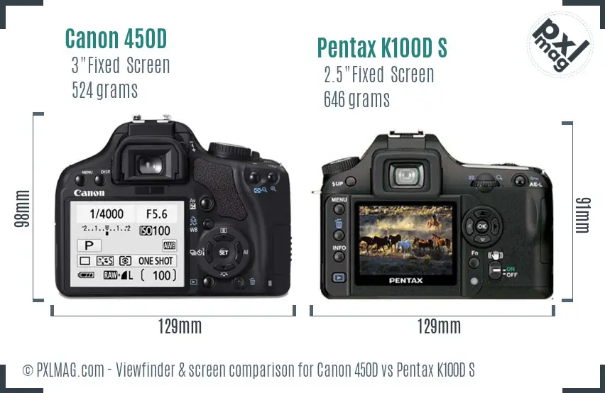 Canon 450D vs Pentax K100D S Screen and Viewfinder comparison