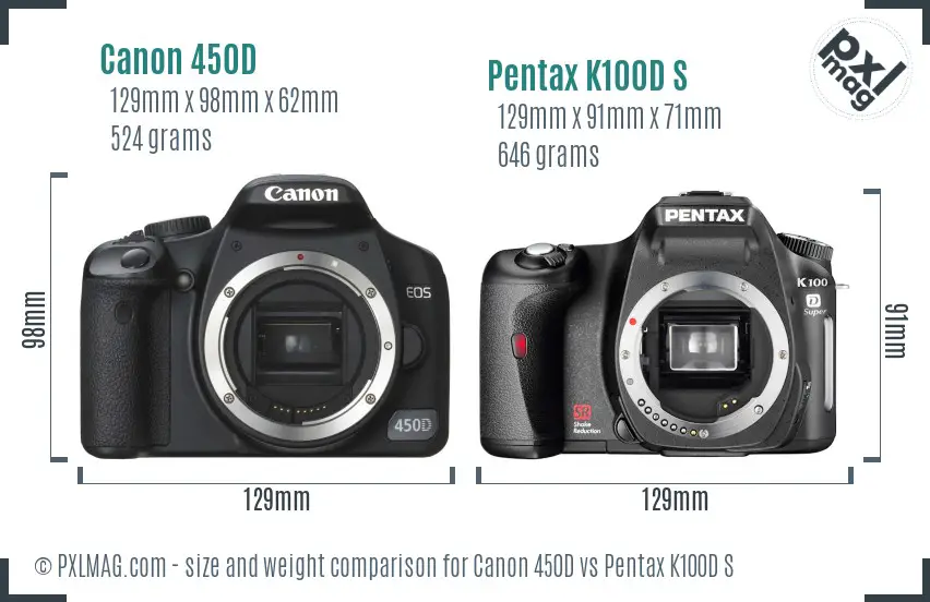 Canon 450D vs Pentax K100D S size comparison
