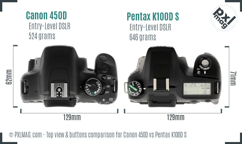 Canon 450D vs Pentax K100D S top view buttons comparison