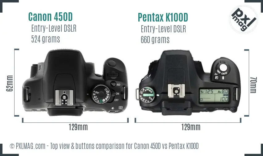 Canon 450D vs Pentax K100D top view buttons comparison