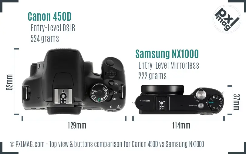 Canon 450D vs Samsung NX1000 top view buttons comparison Canon 450D vs Samsung NX1000 top view buttons comparison