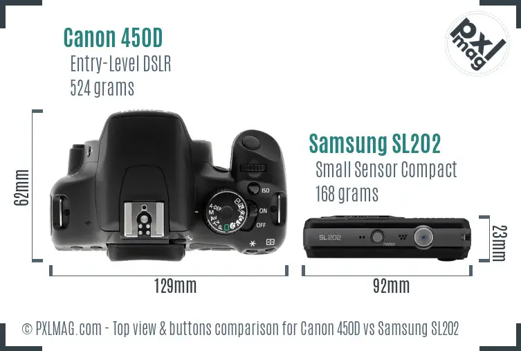 Canon 450D vs Samsung SL202 top view buttons comparison