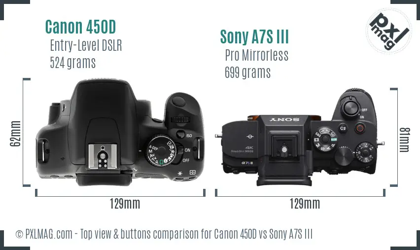 Canon 450D vs Sony A7S III top view buttons comparison