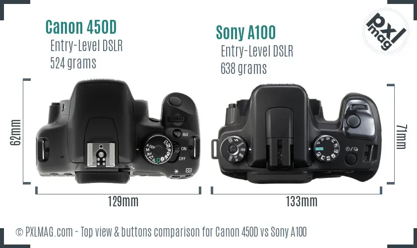 Canon 450D vs Sony A100 top view buttons comparison Canon 450D vs Sony A100 top view buttons comparison