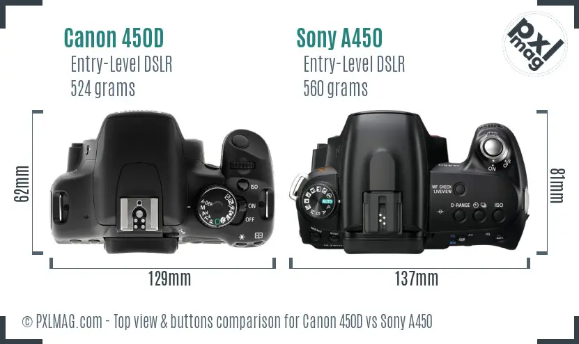 Canon 450D vs Sony A450 top view buttons comparison